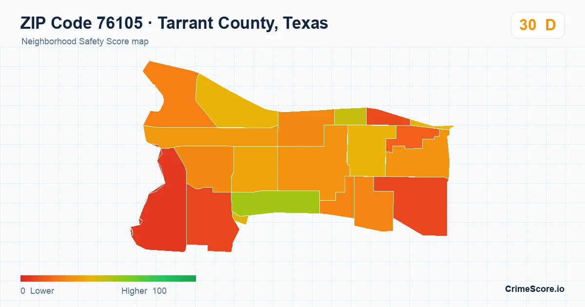 ZIP Code 76105 in Tarrant County, Texas neighborhood Safety Score map