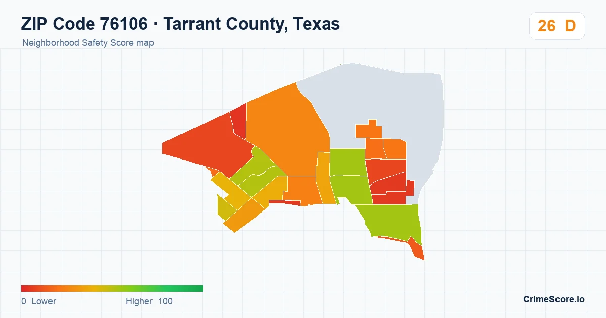 ZIP Code 76106 in Tarrant County, Texas neighborhood Safety Score map