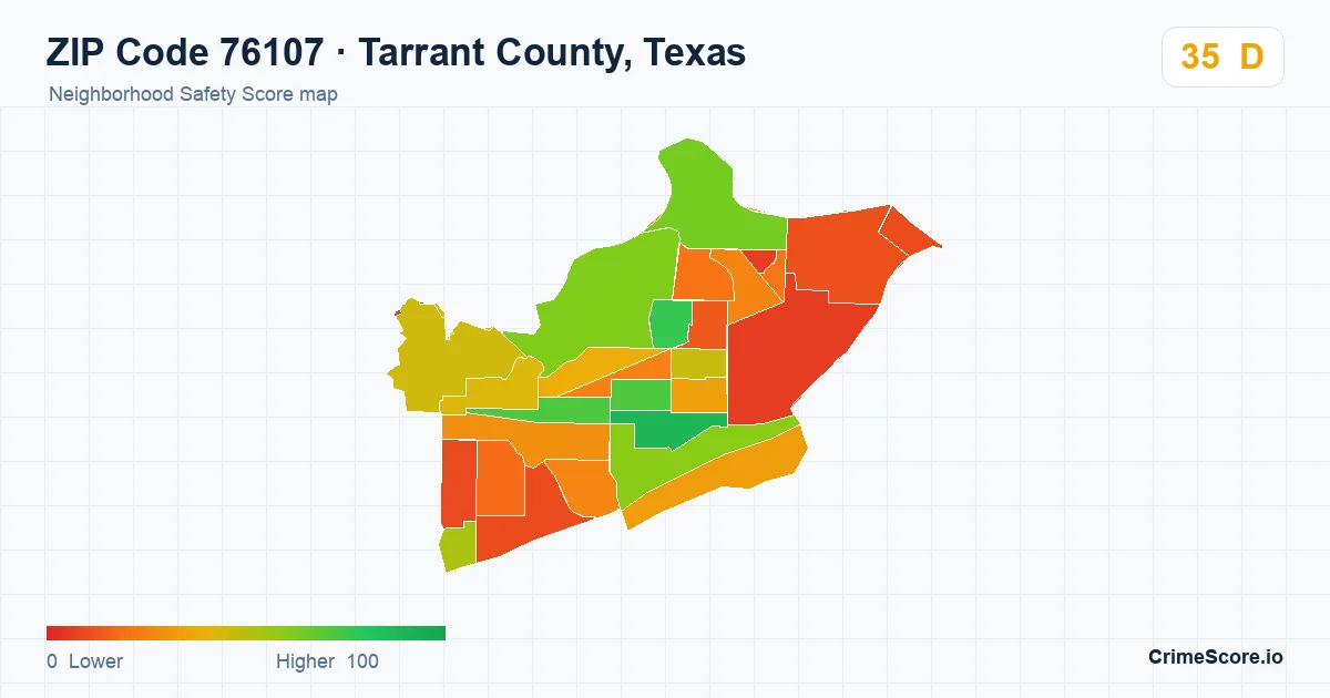 ZIP Code 76107 in Tarrant County, Texas neighborhood Safety Score map