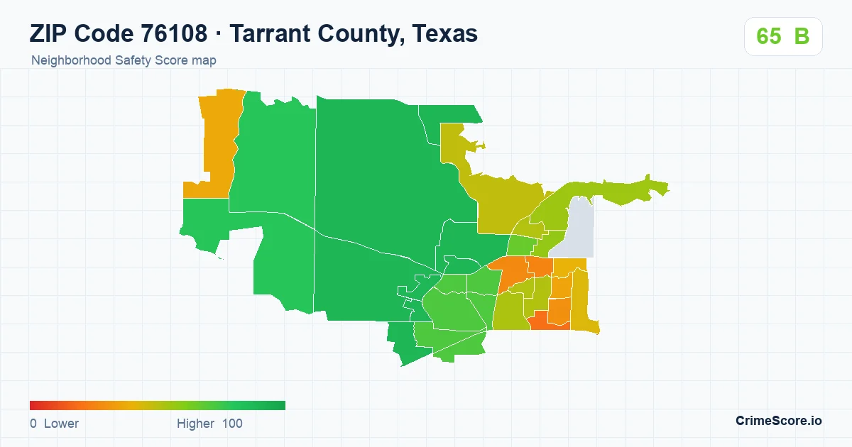 ZIP Code 76108 in Tarrant County, Texas neighborhood Safety Score map