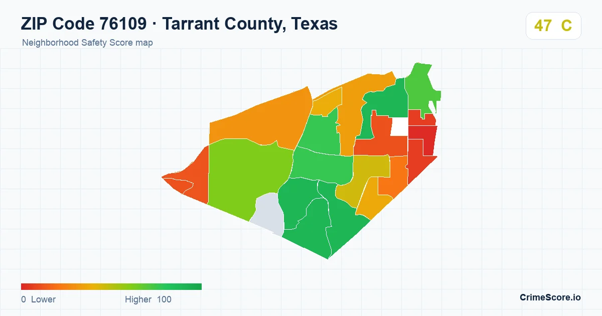 ZIP Code 76109 in Tarrant County, Texas neighborhood Safety Score map