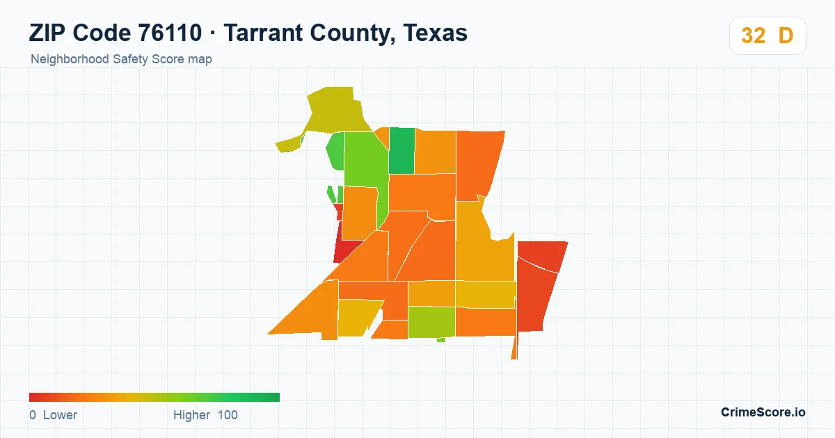 ZIP Code 76110 in Tarrant County, Texas neighborhood Safety Score map
