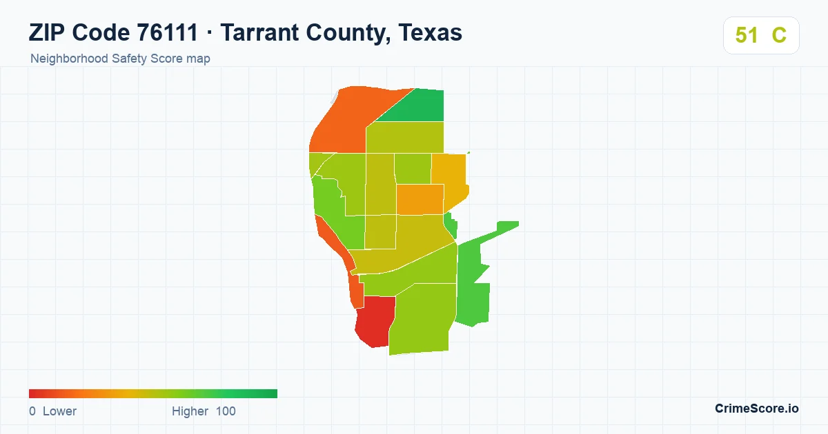 ZIP Code 76111 in Tarrant County, Texas neighborhood Safety Score map