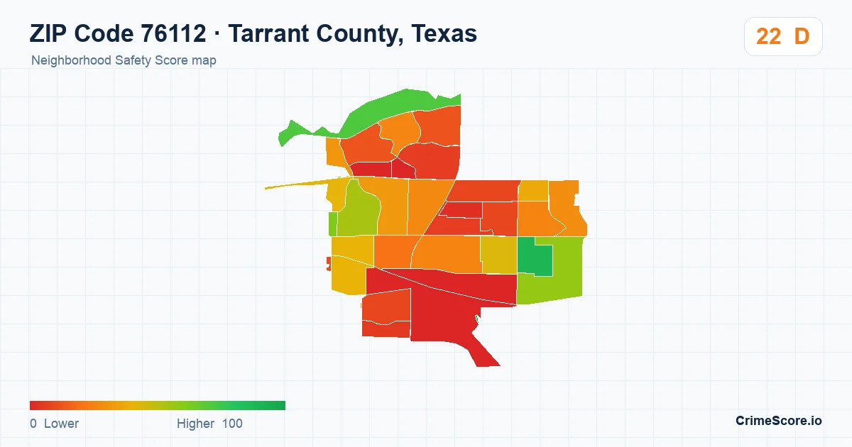 ZIP Code 76112 in Tarrant County, Texas neighborhood Safety Score map