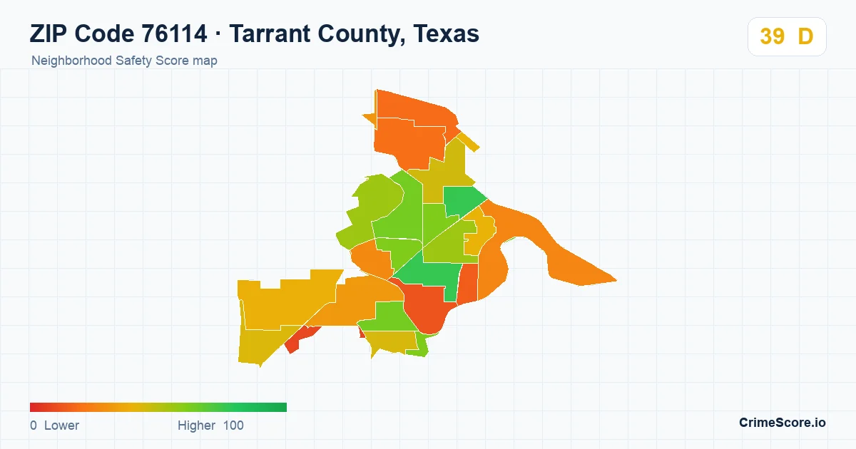 ZIP Code 76114 in Tarrant County, Texas neighborhood Safety Score map