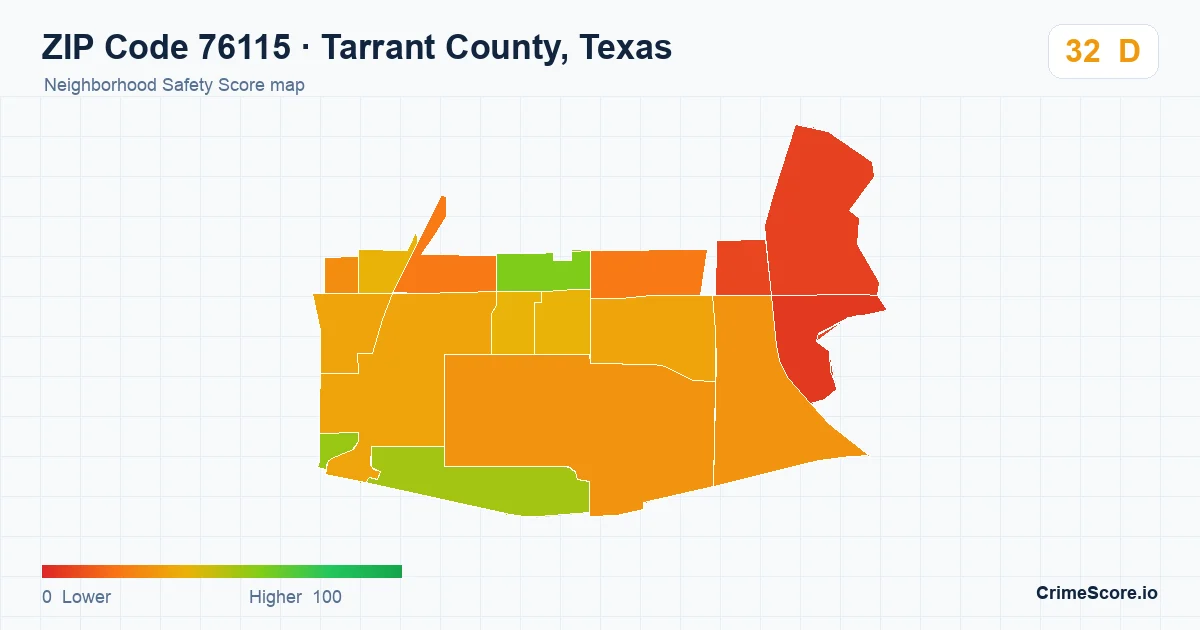 ZIP Code 76115 in Tarrant County, Texas neighborhood Safety Score map