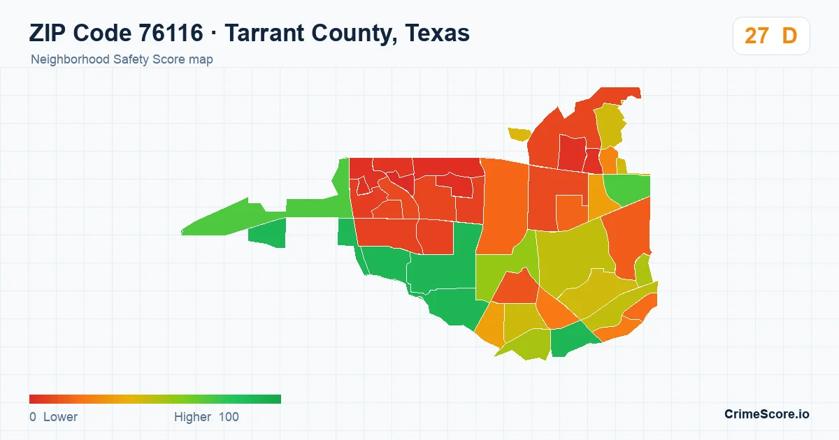 ZIP Code 76116 in Tarrant County, Texas neighborhood Safety Score map