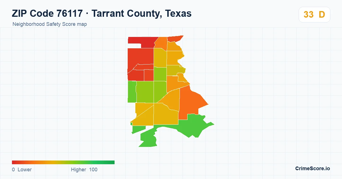 ZIP Code 76117 in Tarrant County, Texas neighborhood Safety Score map