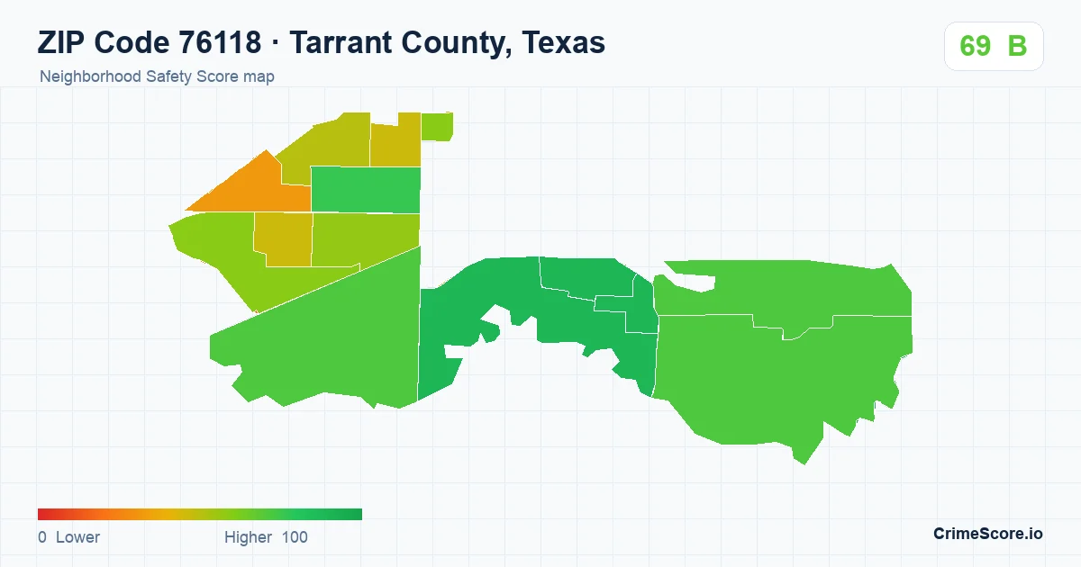 ZIP Code 76118 in Tarrant County, Texas neighborhood Safety Score map