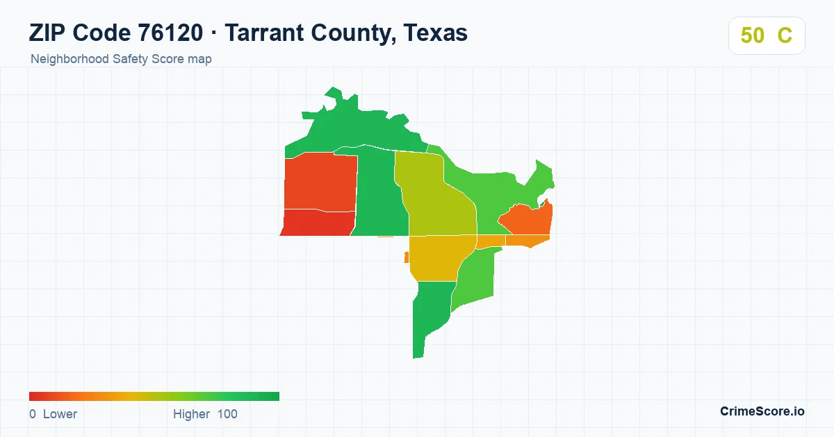 ZIP Code 76120 in Tarrant County, Texas neighborhood Safety Score map