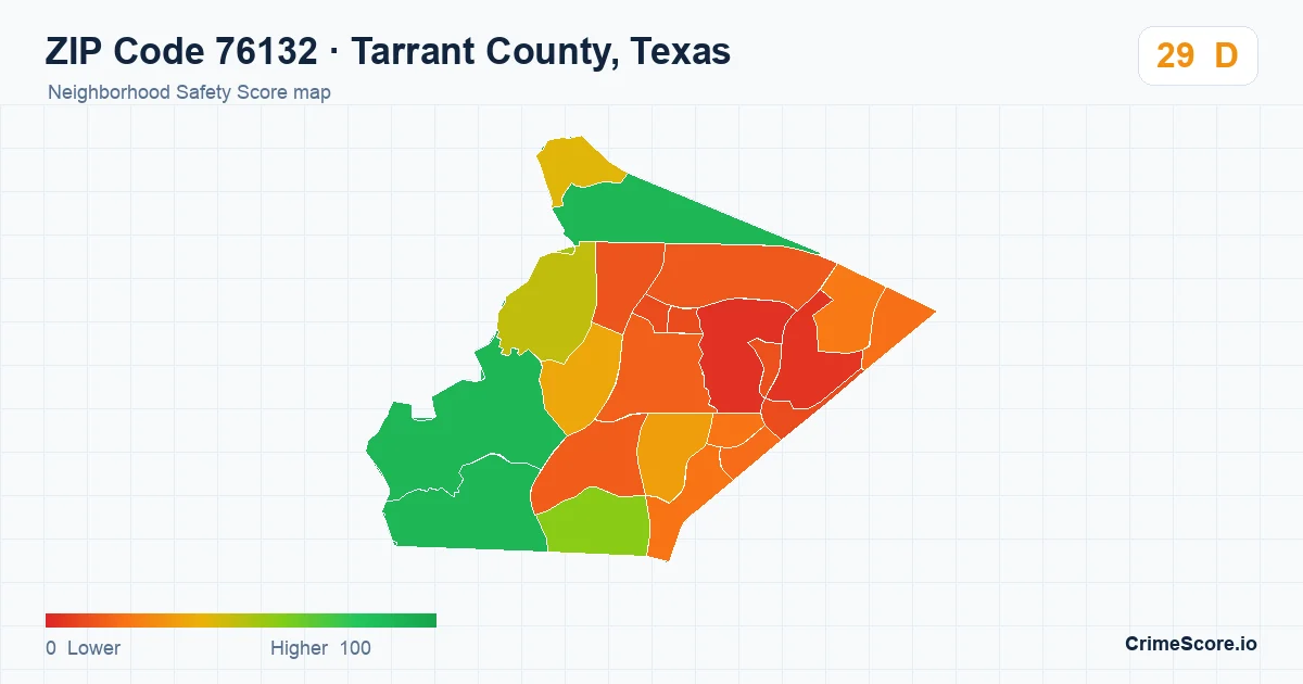 ZIP Code 76132 in Tarrant County, Texas neighborhood Safety Score map