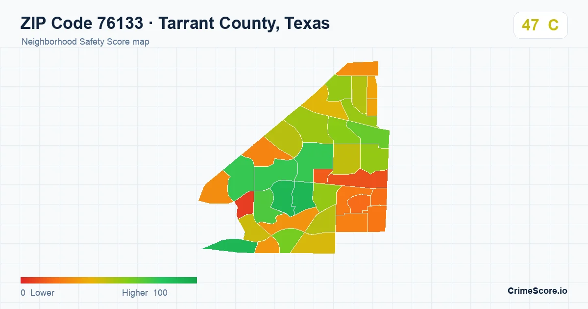ZIP Code 76133 in Tarrant County, Texas neighborhood Safety Score map