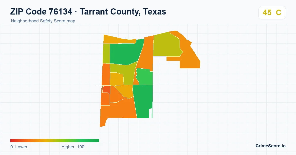 ZIP Code 76134 in Tarrant County, Texas neighborhood Safety Score map