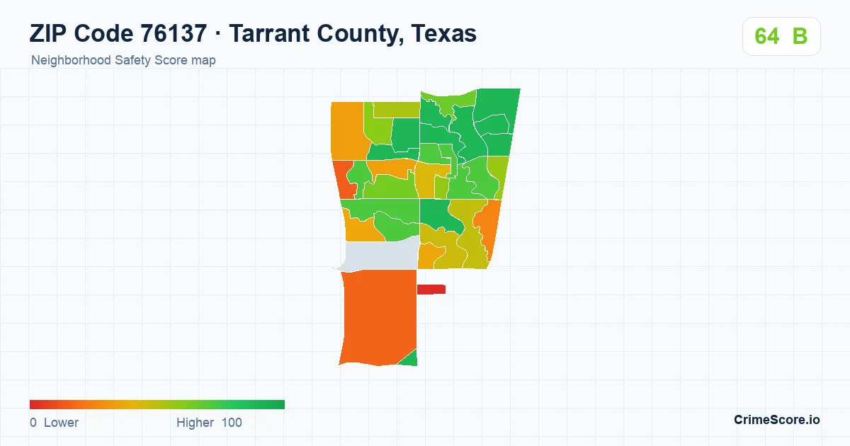 ZIP Code 76137 in Tarrant County, Texas neighborhood Safety Score map
