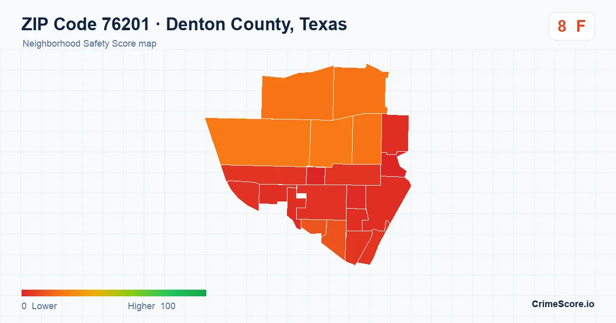 ZIP Code 76201 in Denton County, Texas neighborhood Safety Score map