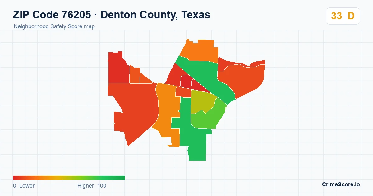 ZIP Code 76205 in Denton County, Texas neighborhood Safety Score map