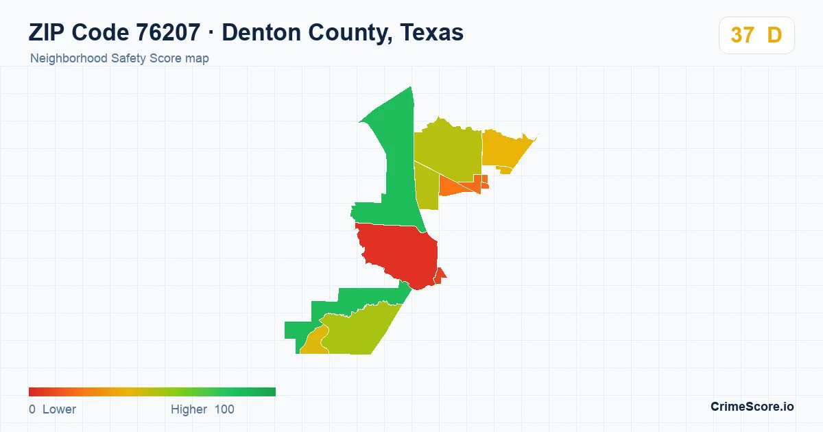 ZIP Code 76207 in Denton County, Texas neighborhood Safety Score map