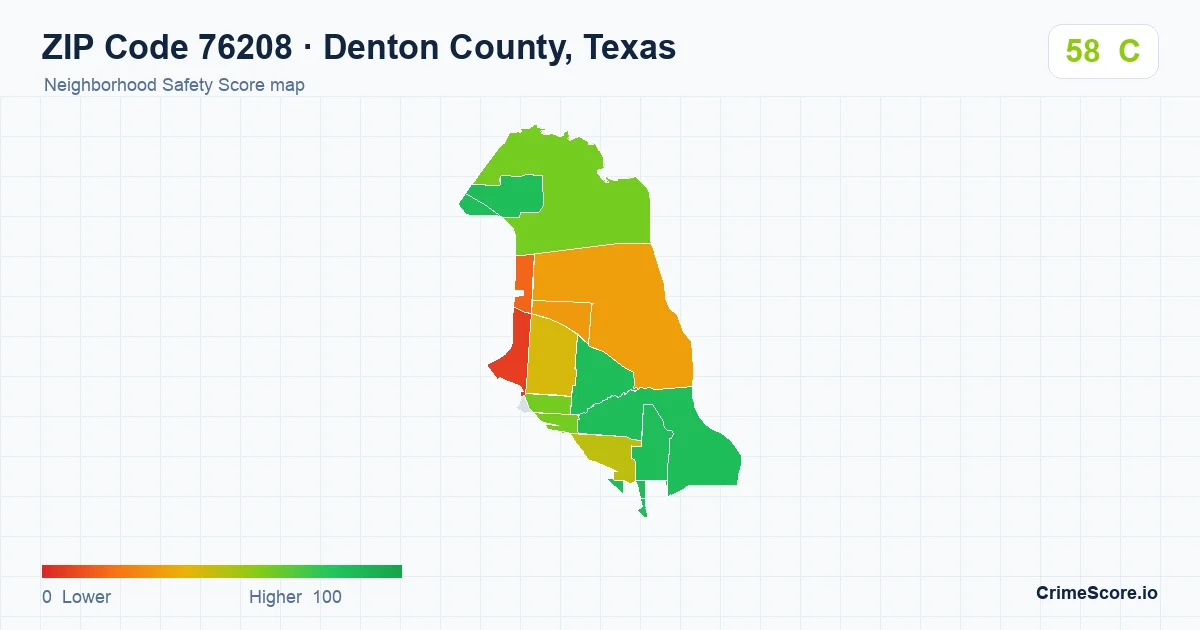 ZIP Code 76208 in Denton County, Texas neighborhood Safety Score map