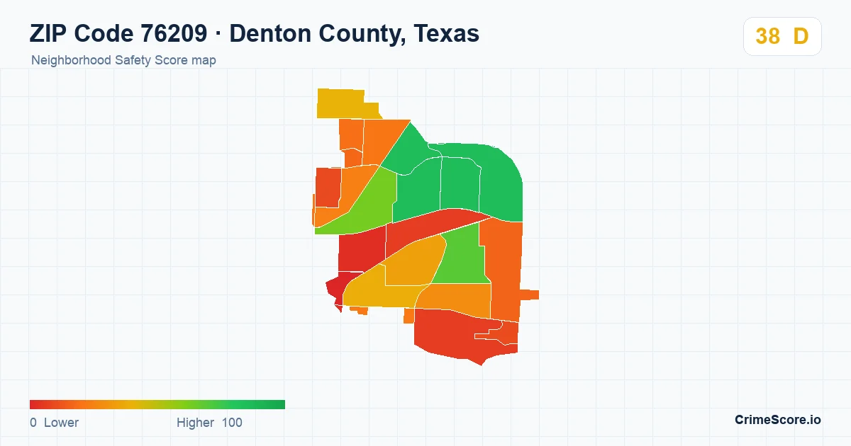 ZIP Code 76209 in Denton County, Texas neighborhood Safety Score map
