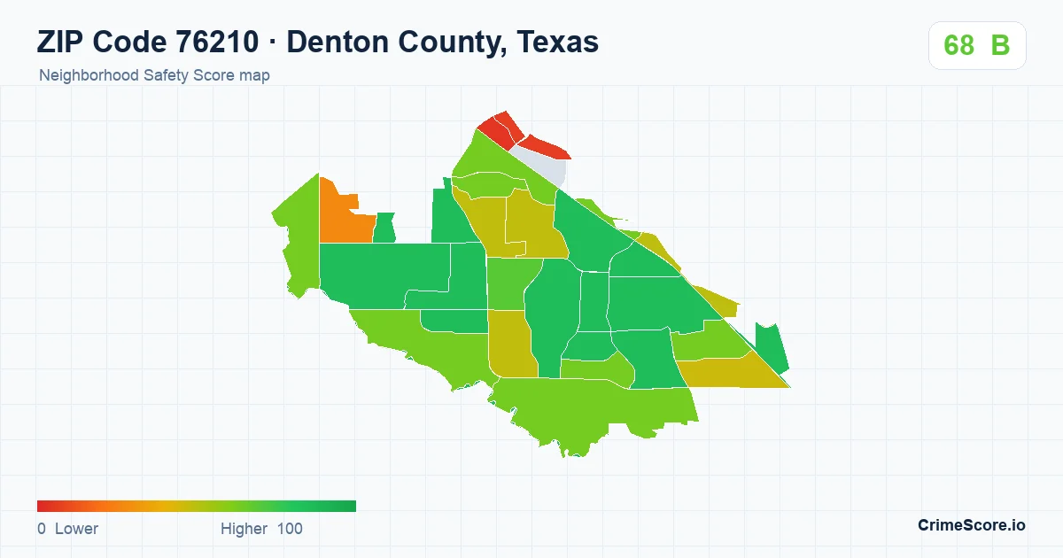 ZIP Code 76210 in Denton County, Texas neighborhood Safety Score map