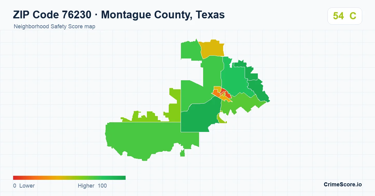 ZIP Code 76230 in Montague County, Texas neighborhood Safety Score map