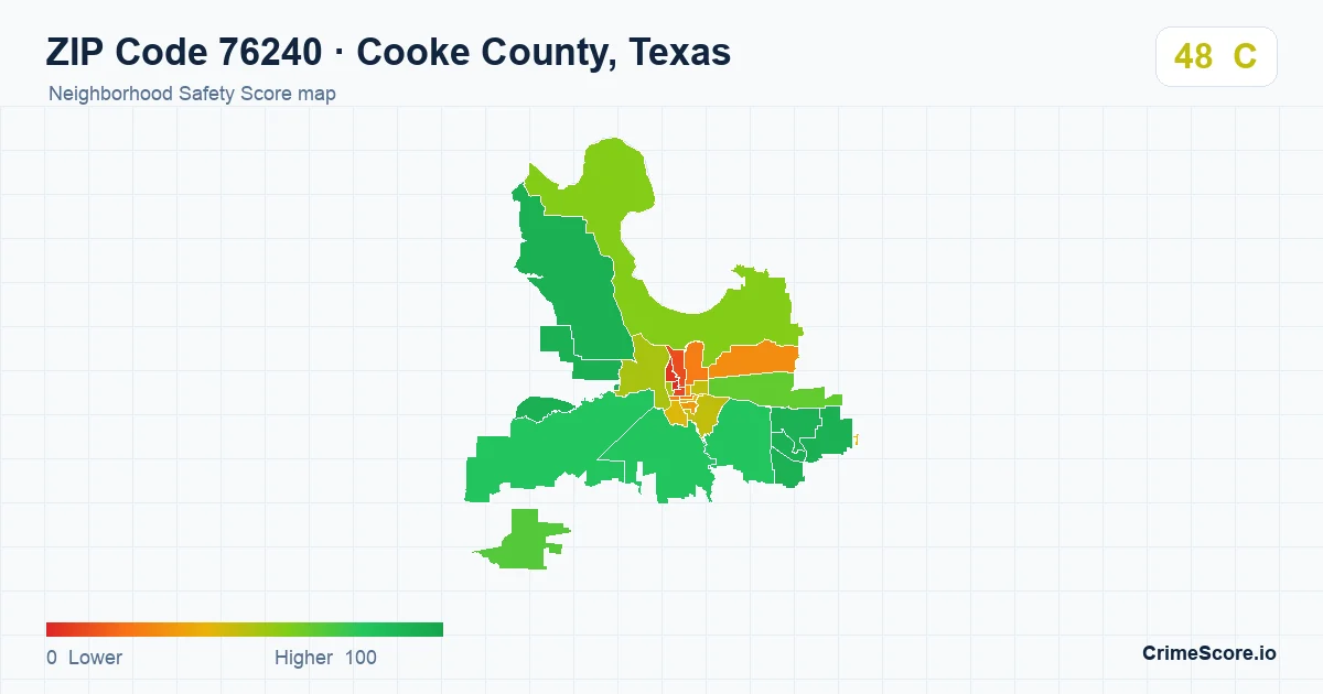 ZIP Code 76240 in Cooke County, Texas neighborhood Safety Score map