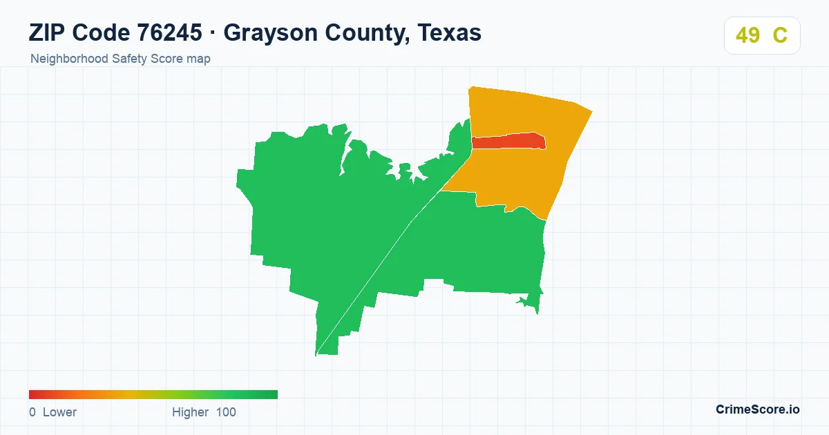 ZIP Code 76245 in Grayson County, Texas neighborhood Safety Score map
