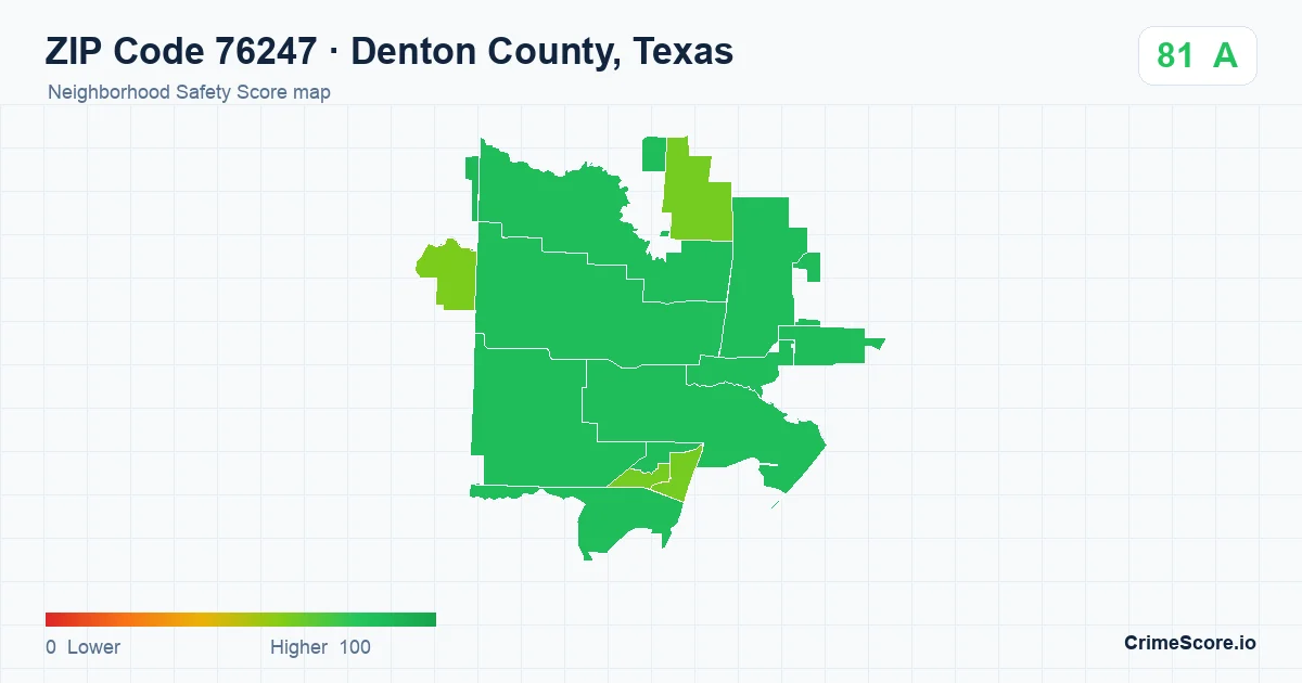 ZIP Code 76247 in Denton County, Texas neighborhood Safety Score map