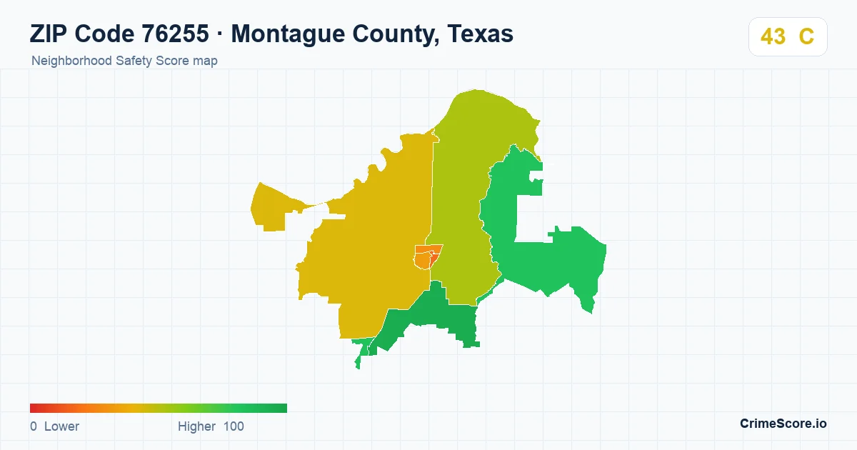ZIP Code 76255 in Montague County, Texas neighborhood Safety Score map