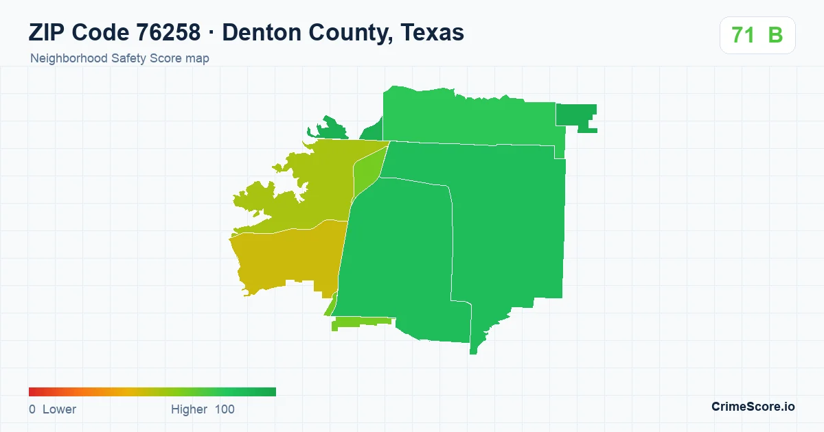 ZIP Code 76258 in Denton County, Texas neighborhood Safety Score map