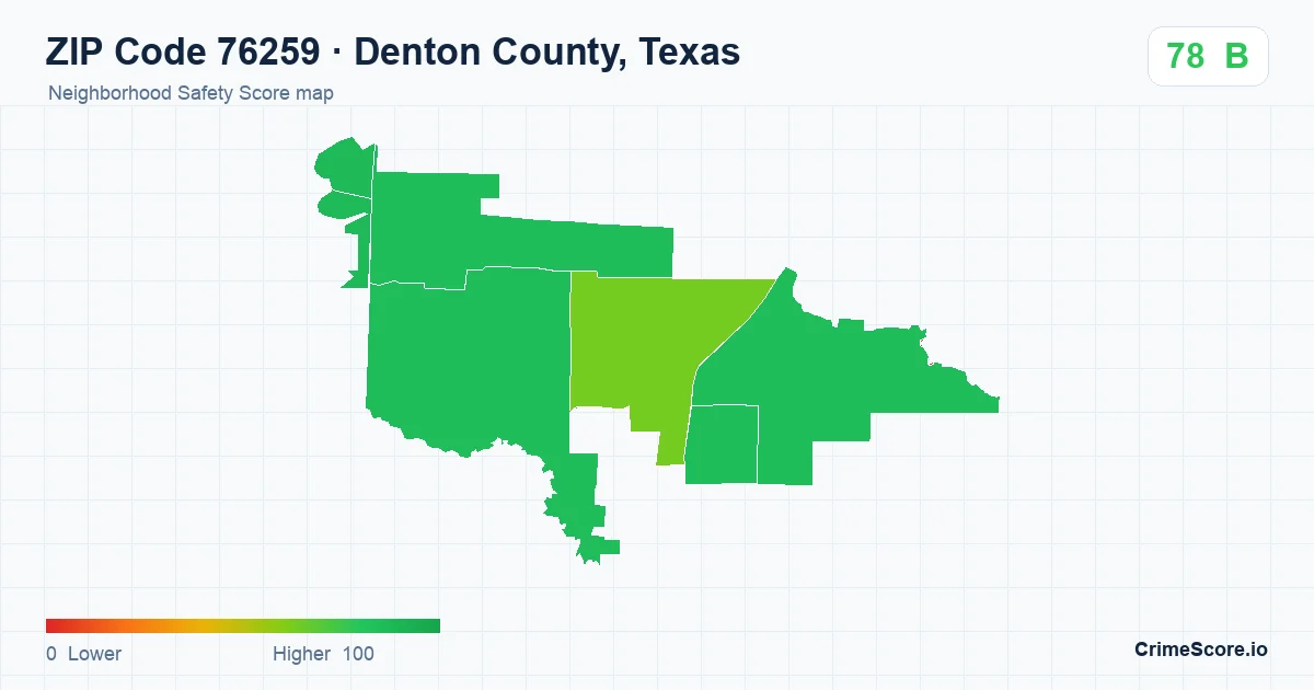 ZIP Code 76259 in Denton County, Texas neighborhood Safety Score map