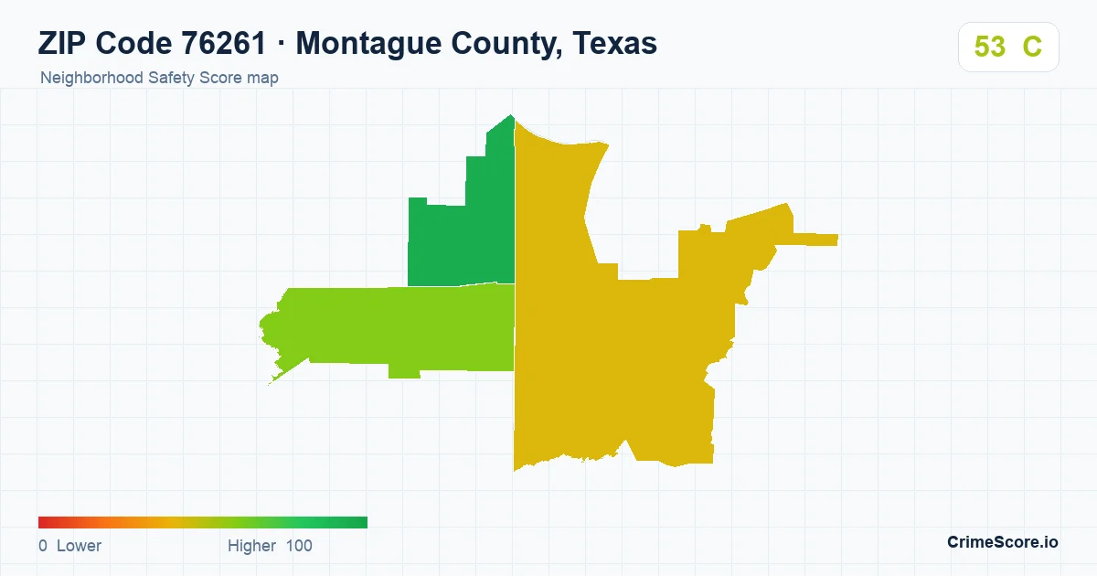 ZIP Code 76261 in Montague County, Texas neighborhood Safety Score map