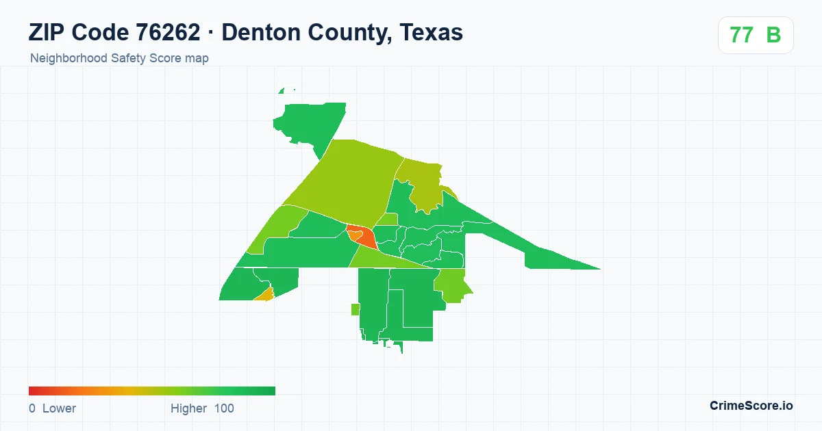 ZIP Code 76262 in Denton County, Texas neighborhood Safety Score map