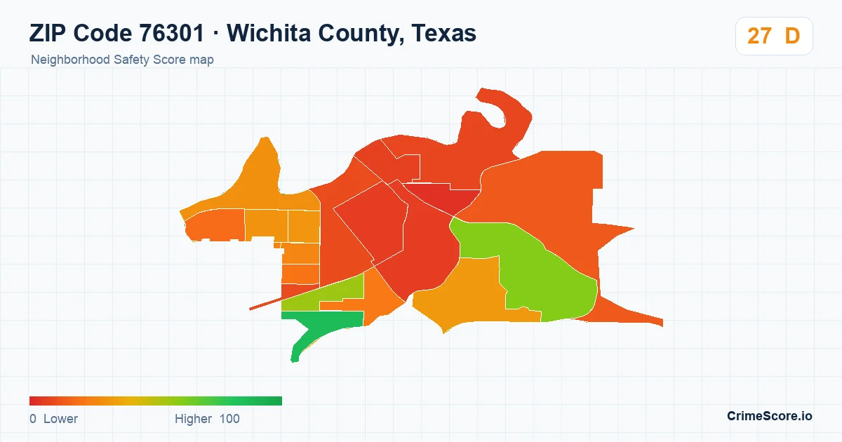 ZIP Code 76301 in Wichita County, Texas neighborhood Safety Score map