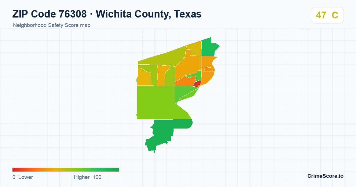 ZIP Code 76308 in Wichita County, Texas neighborhood Safety Score map