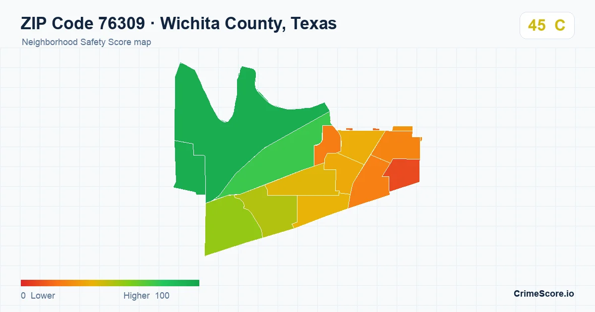 ZIP Code 76309 in Wichita County, Texas neighborhood Safety Score map