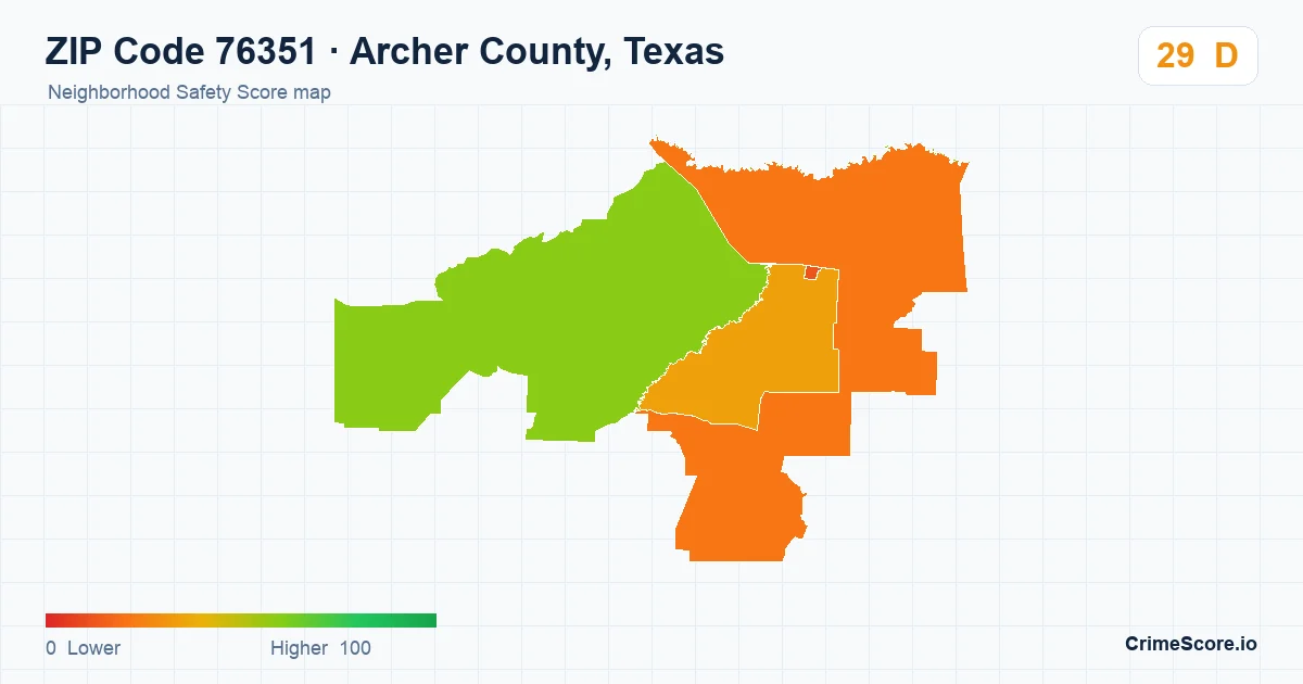 ZIP Code 76351 in Archer County, Texas neighborhood Safety Score map