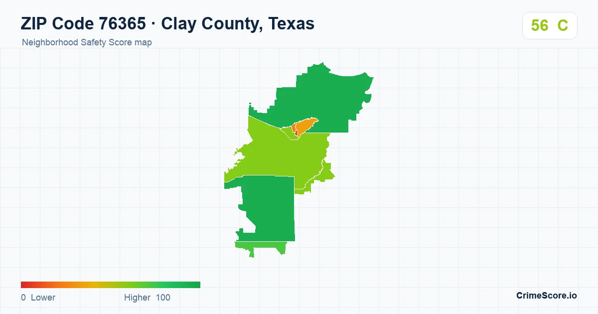 ZIP Code 76365 in Clay County, Texas neighborhood Safety Score map