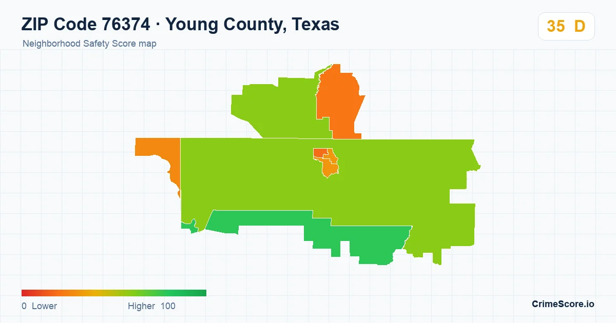 ZIP Code 76374 in Young County, Texas neighborhood Safety Score map