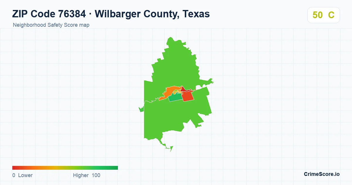 ZIP Code 76384 in Wilbarger County, Texas neighborhood Safety Score map