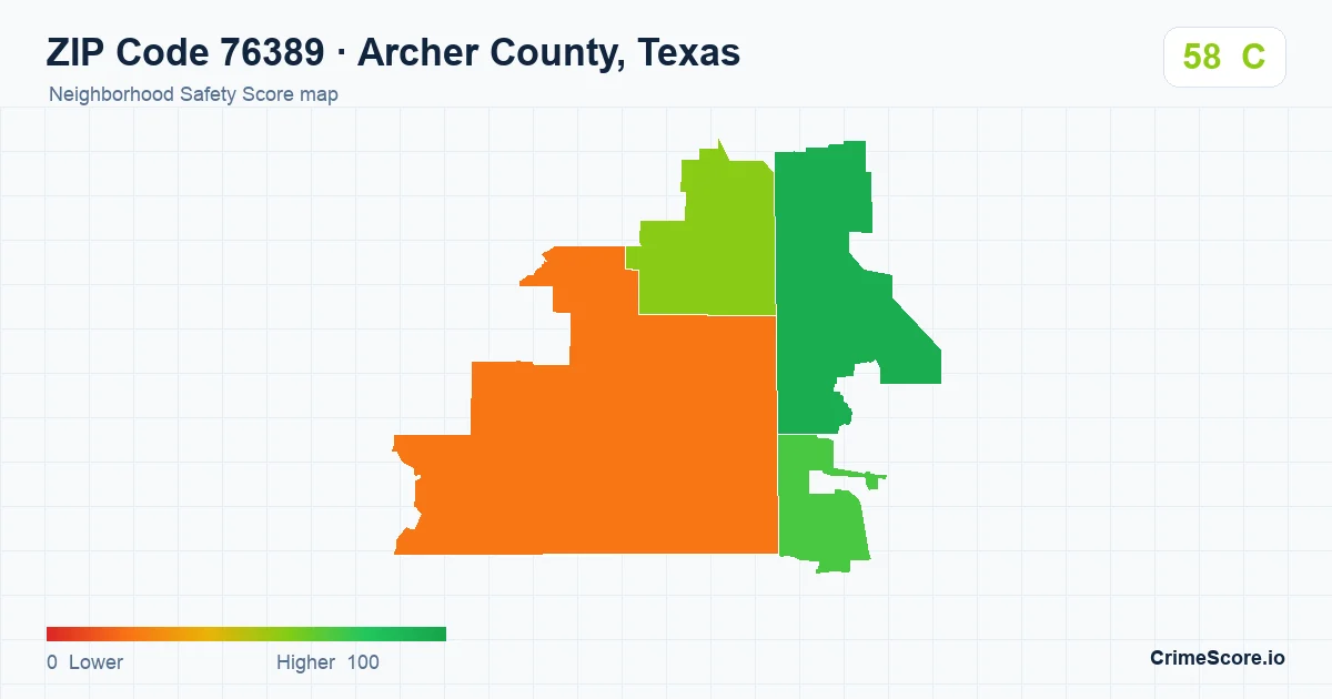 ZIP Code 76389 in Archer County, Texas neighborhood Safety Score map
