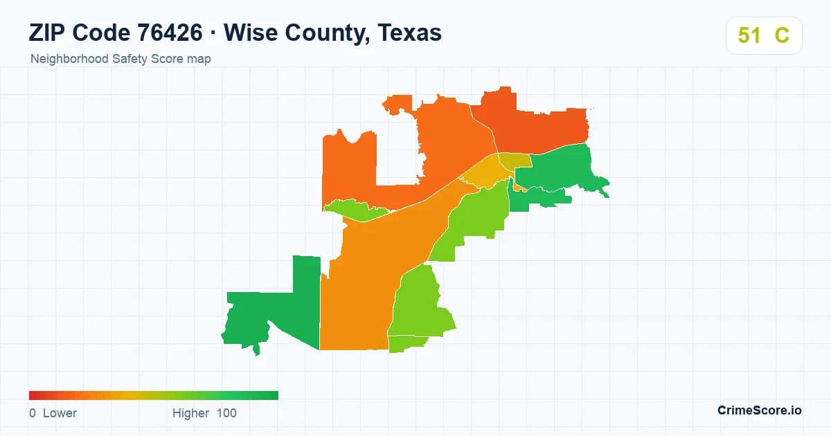 ZIP Code 76426 in Wise County, Texas neighborhood Safety Score map