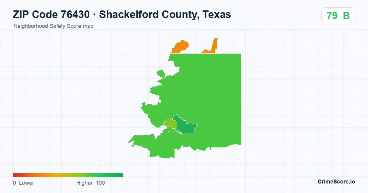 ZIP Code 76430 in Shackelford County, Texas neighborhood Safety Score map