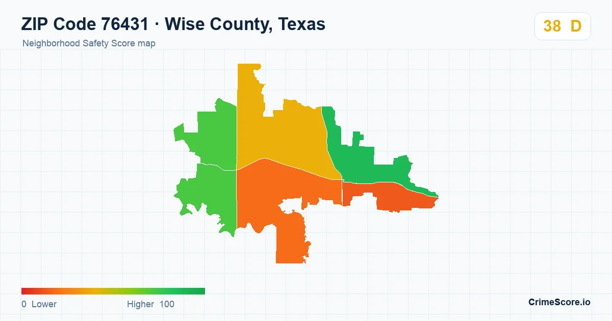 ZIP Code 76431 in Wise County, Texas neighborhood Safety Score map