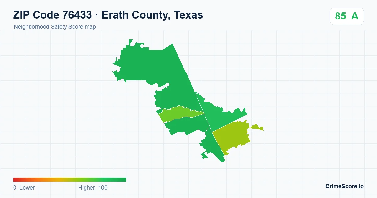 ZIP Code 76433 in Erath County, Texas neighborhood Safety Score map