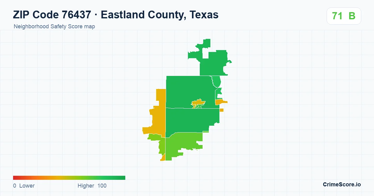 ZIP Code 76437 in Eastland County, Texas neighborhood Safety Score map
