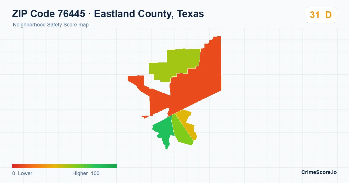 ZIP Code 76445 in Eastland County, Texas neighborhood Safety Score map
