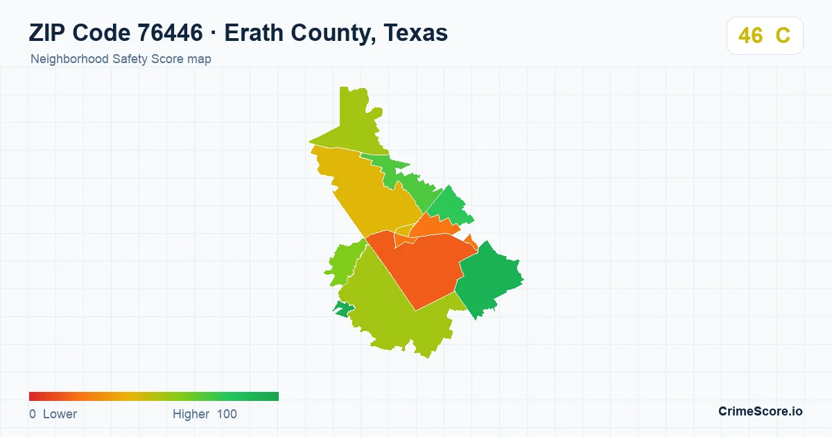 ZIP Code 76446 in Erath County, Texas neighborhood Safety Score map
