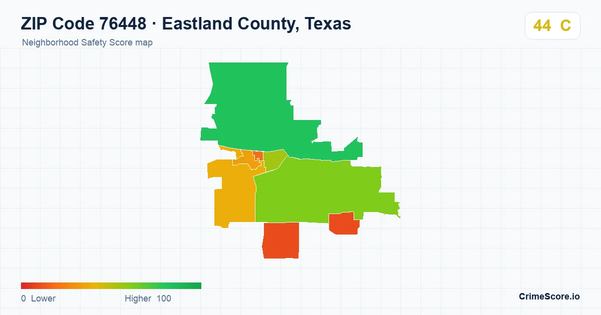 ZIP Code 76448 in Eastland County, Texas neighborhood Safety Score map