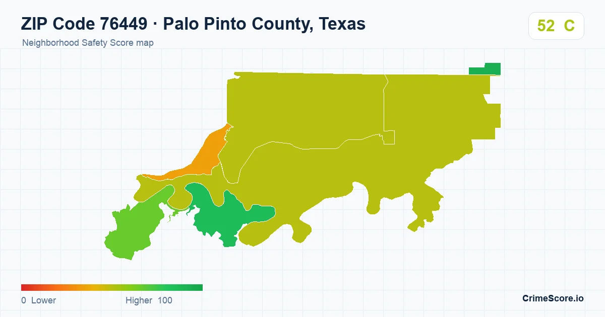 ZIP Code 76449 in Palo Pinto County, Texas neighborhood Safety Score map